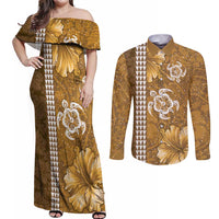 Gold Hibiscus Turle Couples Matching Off Shoulder Maxi Dress and Long Sleeve Button Shirt Hawaiian Style Tribal Tapa Pattern