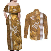 Gold Hibiscus Turle Couples Matching Off Shoulder Maxi Dress and Long Sleeve Button Shirt Hawaiian Style Tribal Tapa Pattern