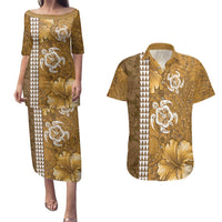 Gold Hibiscus Turle Couples Matching Puletasi and Hawaiian Shirt Hawaiian Style Tribal Tapa Pattern LT9 Gold - Polynesian Pride