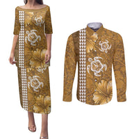 Gold Hibiscus Turle Couples Matching Puletasi and Long Sleeve Button Shirt Hawaiian Style Tribal Tapa Pattern