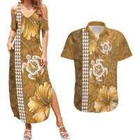 Gold Hibiscus Turle Couples Matching Summer Maxi Dress and Hawaiian Shirt Hawaiian Style Tribal Tapa Pattern