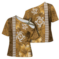 Gold Hibiscus Turle Cross Shoulder Shirt Hawaiian Style Tribal Tapa Pattern - Polynesian Pride