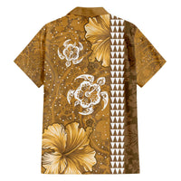 Gold Hibiscus Turle Family Matching Off The Shoulder Long Sleeve Dress and Hawaiian Shirt Hawaiian Style Tribal Tapa Pattern LT9 - Polynesian Pride