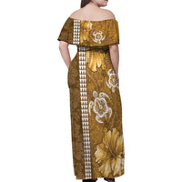 Gold Hibiscus Turle Family Matching Off Shoulder Maxi Dress and Hawaiian Shirt Hawaiian Style Tribal Tapa Pattern