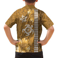 Gold Hibiscus Turle Family Matching Short Sleeve Bodycon Dress and Hawaiian Shirt Hawaiian Style Tribal Tapa Pattern LT9 - Polynesian Pride
