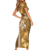 Gold Hibiscus Turle Family Matching Short Sleeve Bodycon Dress and Hawaiian Shirt Hawaiian Style Tribal Tapa Pattern LT9 - Polynesian Pride