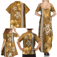 Gold Hibiscus Turle Family Matching Summer Maxi Dress and Hawaiian Shirt Hawaiian Style Tribal Tapa Pattern