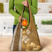 Gold Hibiscus Turle Grocery Bag Hawaiian Style Tribal Tapa Pattern