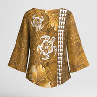 Gold Hibiscus Turle Kimono Sleeve Blouse Hawaiian Style Tribal Tapa Pattern - Polynesian Pride