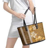 Gold Hibiscus Turle Leather Tote Bag Hawaiian Style Tribal Tapa Pattern