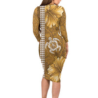Gold Hibiscus Turle Long Sleeve Bodycon Dress Hawaiian Style Tribal Tapa Pattern