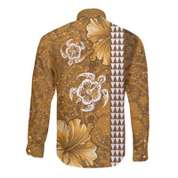 Gold Hibiscus Turle Long Sleeve Button Shirt Hawaiian Style Tribal Tapa Pattern