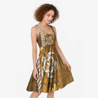 Gold Hibiscus Turle Midi Dress Hawaiian Style Tribal Tapa Pattern - Polynesian Pride