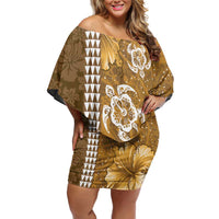 Gold Hibiscus Turle Off Shoulder Short Dress Hawaiian Style Tribal Tapa Pattern