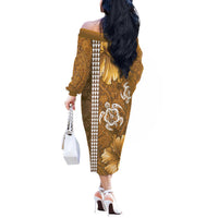 Gold Hibiscus Turle Off The Shoulder Long Sleeve Dress Hawaiian Style Tribal Tapa Pattern