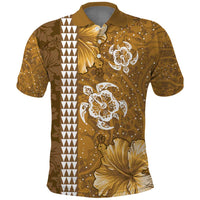 Gold Hibiscus Turle Polo Shirt Hawaiian Style Tribal Tapa Pattern