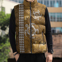 Gold Hibiscus Turle Sleeveless Puffer Jacket Hawaiian Style Tribal Tapa Pattern - Polynesian Pride