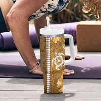 Gold Hibiscus Turle Tumbler With Handle Hawaiian Style Tribal Tapa Pattern