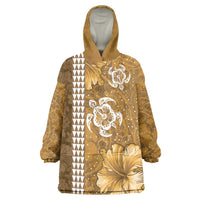 Gold Hibiscus Turle Wearable Blanket Hoodie Hawaiian Style Tribal Tapa Pattern