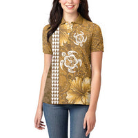 Gold Hibiscus Turle Women Polo Shirt Hawaiian Style Tribal Tapa Pattern