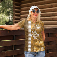 Gold Hibiscus Turle Women Polo Shirt Hawaiian Style Tribal Tapa Pattern