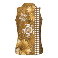 Gold Hibiscus Turle Women Sleeveless Polo Shirt Hawaiian Style Tribal Tapa Pattern