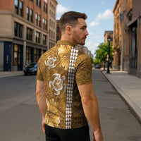 Gold Hibiscus Turle Zipper Polo Shirt Hawaiian Style Tribal Tapa Pattern - Polynesian Pride