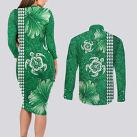Green Hibiscus Turle Couples Matching Long Sleeve Bodycon Dress and Long Sleeve Button Shirt Hawaiian Style Tribal Tapa Pattern