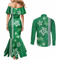 Green Hibiscus Turle Couples Matching Mermaid Dress and Long Sleeve Button Shirt Hawaiian Style Tribal Tapa Pattern