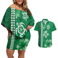 Green Hibiscus Turle Couples Matching Off Shoulder Short Dress and Hawaiian Shirt Hawaiian Style Tribal Tapa Pattern