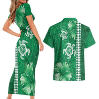 Green Hibiscus Turle Couples Matching Short Sleeve Bodycon Dress and Hawaiian Shirt Hawaiian Style Tribal Tapa Pattern LT9 - Polynesian Pride
