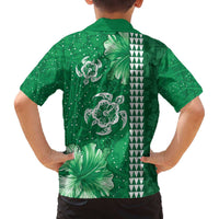 Green Hibiscus Turle Family Matching Off The Shoulder Long Sleeve Dress and Hawaiian Shirt Hawaiian Style Tribal Tapa Pattern LT9 - Polynesian Pride