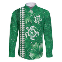 Green Hibiscus Turle Family Matching Off The Shoulder Long Sleeve Dress and Hawaiian Shirt Hawaiian Style Tribal Tapa Pattern LT9 Dad's Shirt - Long Sleeve Green - Polynesian Pride