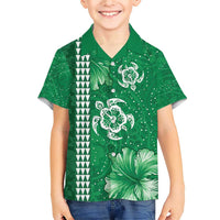 Green Hibiscus Turle Family Matching Short Sleeve Bodycon Dress and Hawaiian Shirt Hawaiian Style Tribal Tapa Pattern LT9 Son's Shirt Green - Polynesian Pride