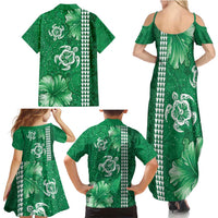 Green Hibiscus Turle Family Matching Summer Maxi Dress and Hawaiian Shirt Hawaiian Style Tribal Tapa Pattern
