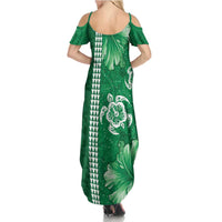 Green Hibiscus Turle Family Matching Summer Maxi Dress and Hawaiian Shirt Hawaiian Style Tribal Tapa Pattern