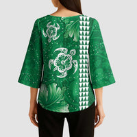 Green Hibiscus Turle Kimono Sleeve Blouse Hawaiian Style Tribal Tapa Pattern - Polynesian Pride