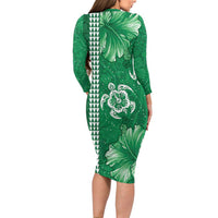 Green Hibiscus Turle Long Sleeve Bodycon Dress Hawaiian Style Tribal Tapa Pattern