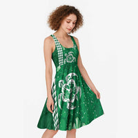 Green Hibiscus Turle Midi Dress Hawaiian Style Tribal Tapa Pattern - Polynesian Pride