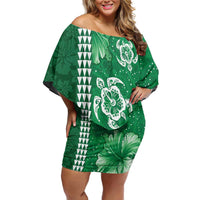 Green Hibiscus Turle Off Shoulder Short Dress Hawaiian Style Tribal Tapa Pattern