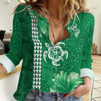 Green Hibiscus Turle Women Casual Shirt Hawaiian Style Tribal Tapa Pattern
