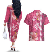 Pink Hibiscus Turle Couples Matching Off The Shoulder Long Sleeve Dress and Hawaiian Shirt Hawaiian Style Tribal Tapa Pattern