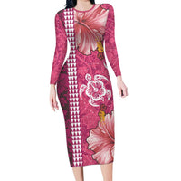 Pink Hibiscus Turle Family Matching Long Sleeve Bodycon Dress and Hawaiian Shirt Hawaiian Style Tribal Tapa Pattern LT9 Mom's Dress Pink - Polynesian Pride