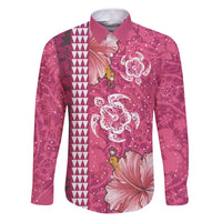 Pink Hibiscus Turle Family Matching Puletasi and Hawaiian Shirt Hawaiian Style Tribal Tapa Pattern LT9 Dad's Shirt - Long Sleeve Pink - Polynesian Pride