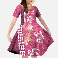 Pink Hibiscus Turle Kid Short Sleeve Dress Hawaiian Style Tribal Tapa Pattern