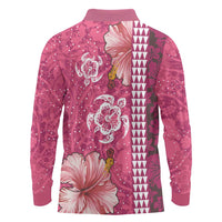 Pink Hibiscus Turle Long Sleeve Polo Shirt Hawaiian Style Tribal Tapa Pattern