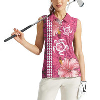 Pink Hibiscus Turle Women Sleeveless Polo Shirt Hawaiian Style Tribal Tapa Pattern