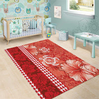 Red Hibiscus Turle Area Rug Hawaiian Style Tribal Tapa Pattern