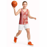 Red Hibiscus Turle Basketball Jersey Hawaiian Style Tribal Tapa Pattern - Polynesian Pride