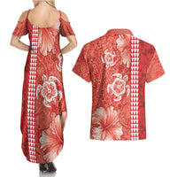 Red Hibiscus Turle Couples Matching Summer Maxi Dress and Hawaiian Shirt Hawaiian Style Tribal Tapa Pattern
